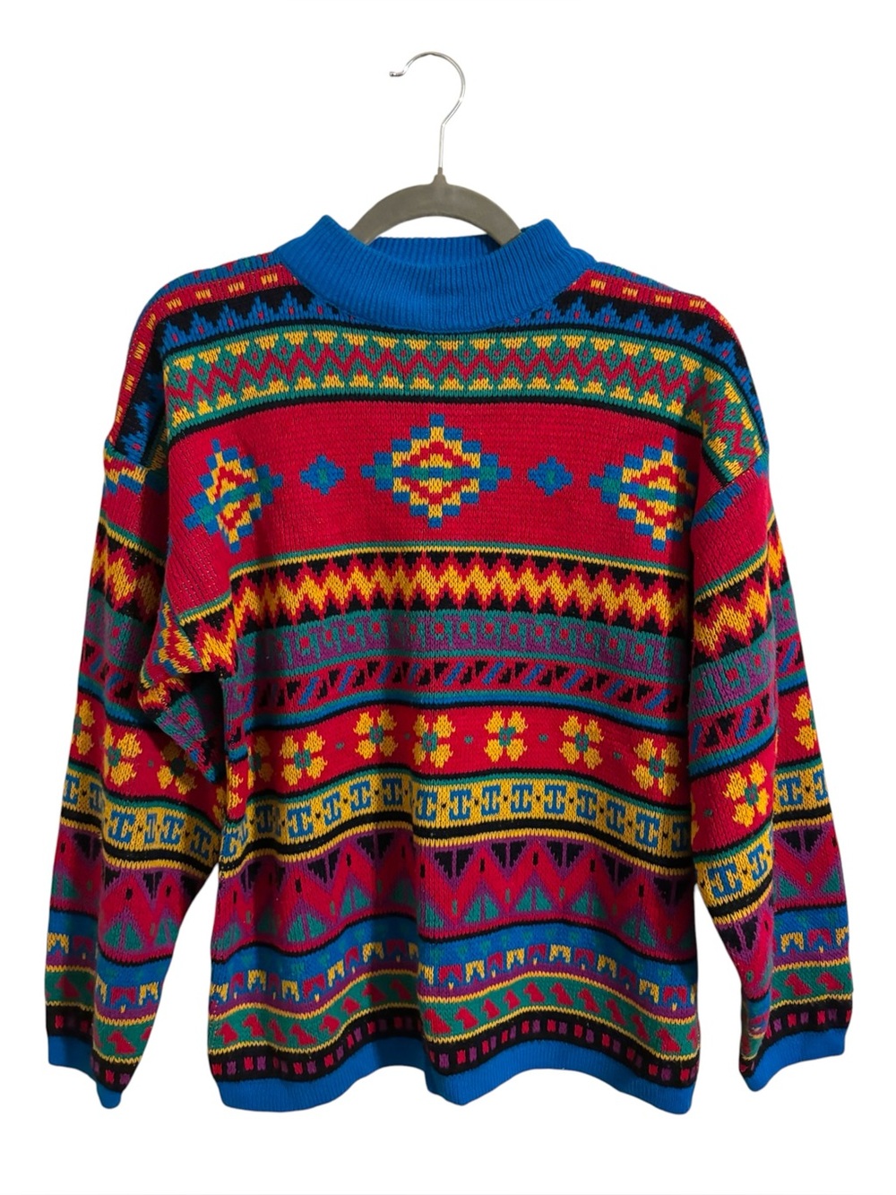Vintage Honey Multicolor Geometric Knit Red Blue Sweater
